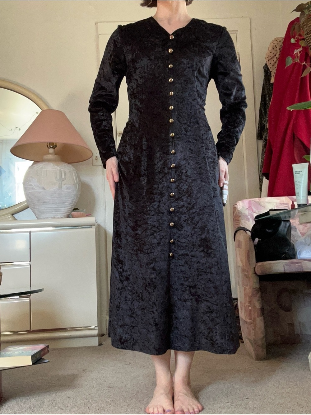 Classic Black Velvet Button-Front Midi Dress
